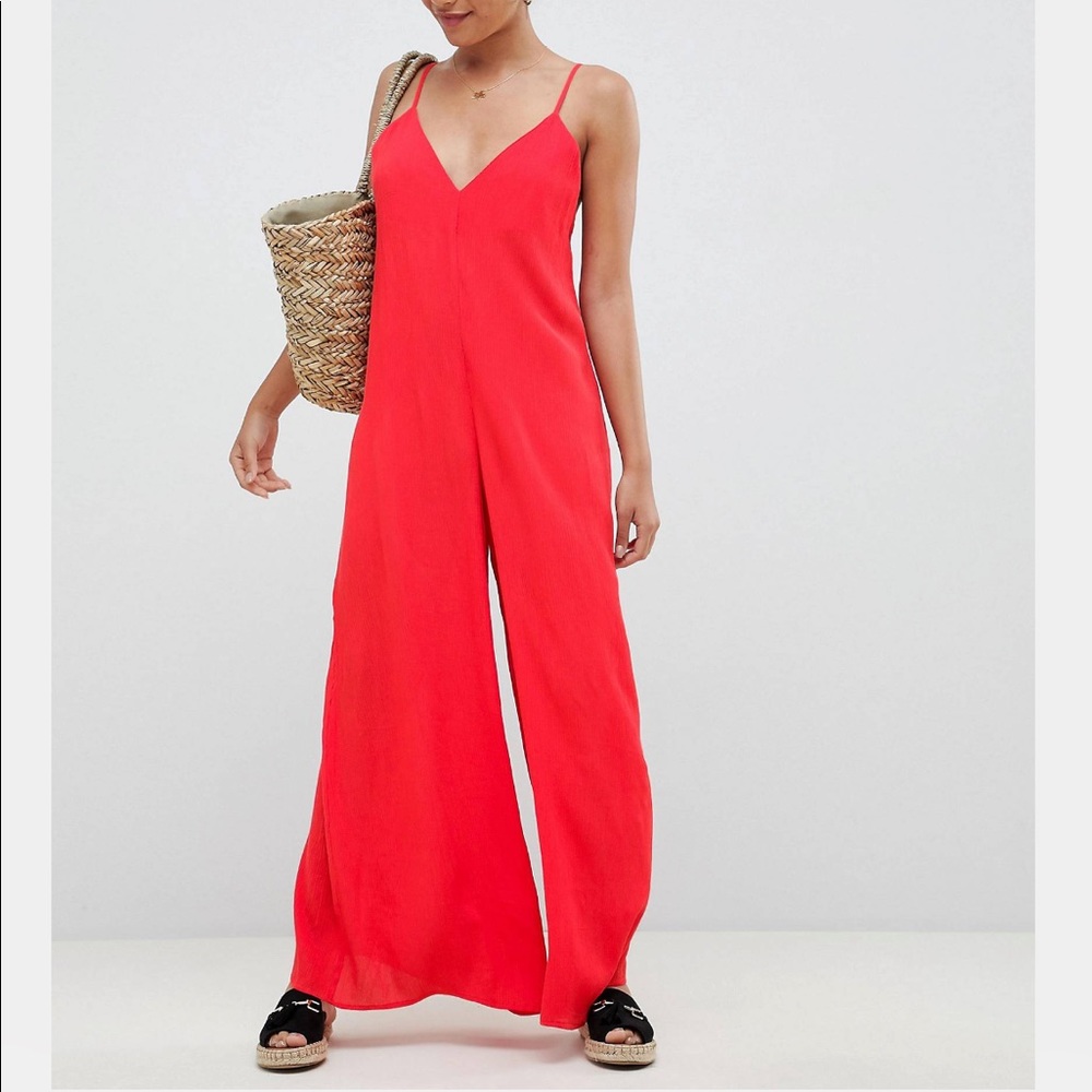 ASOS DESIGN Sleeveless Plunge Front Strappy Open Back Wide Leg Jumpsuit